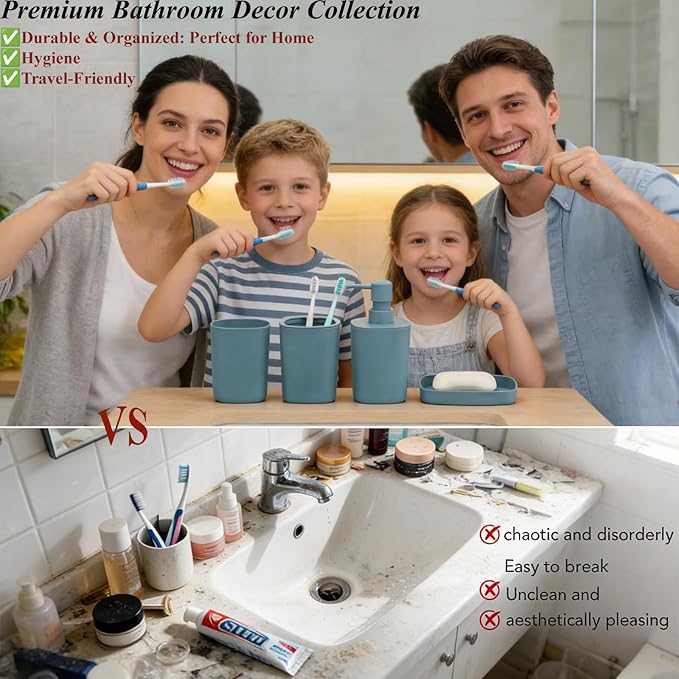 4 Piece Bathroom Accessories Set, Plastic Bathroom Accessory Set- Square Toothbrush Holder Set, Soap Dispenser, Toothbrush Holder, Mouthwash Cup, Soap Dish, Boho Modern Decor for Home, Blue
