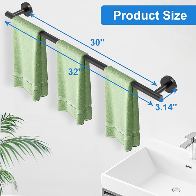 Matte Black Towel Bar for Bathroom, Towel Rack for Bathroom Wall Mounted 30 Inch, SUS304 Stainless Steel Towel Rods for Bathroom, Total Length 32-Inch Bath Towel Holder, Modern Home Decor