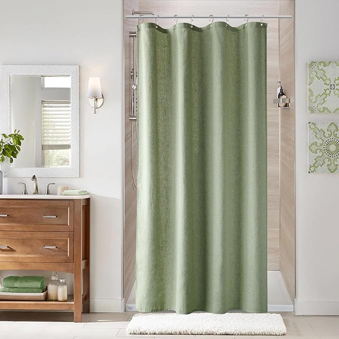Naturoom 48 Inch Shower Curtain - Stall Narrow Half Green Linen Ultra Thick Fabric Shower Curtain Set with Hooks, Boho Farmhouse Rustic RV Camper Bath Curtains for Bathroom, Sage Green, 48 x 72