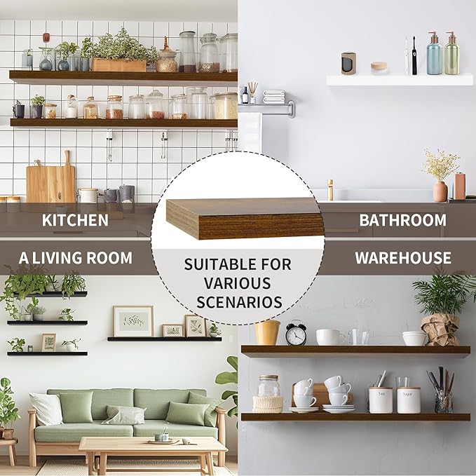 Floating Shelves for Wall, Wall Mounted Rustic Wood Shelves for Bathroom, Bedroom, Living Room, Kitchen, Hanging Shelf for Books/Storage/Room (White, 15.8")