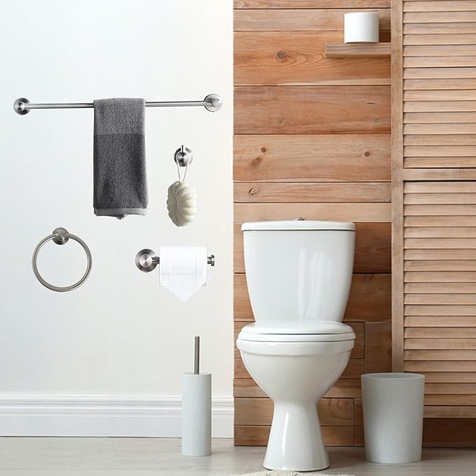 4-Piece Bathroom Hardware Set，Brushed Nickel SUS304 Stainless Steel Wall Mounted Bathroom Accessories Kit Include Adjustable Expandable Towel Bar，Hand Towel Ring, Toilet Paper Holder, Robe Hook