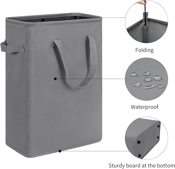 ZERO JET LAG Slim Laundry Hamper With Handles Collapsible Laundry Basket Thin Dirty Clothes Basket Narrow Laundry Bag Foldable Dirty Cloth Hamper 45L (24 inches,Grey)