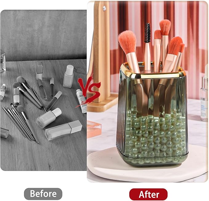 Gold Clear Makeup Brush Holder, Vintage Cosmetic Beauty Organizers Cup for Vanity, Lip Pencil Holder Vintage Lipstick Holder - Green