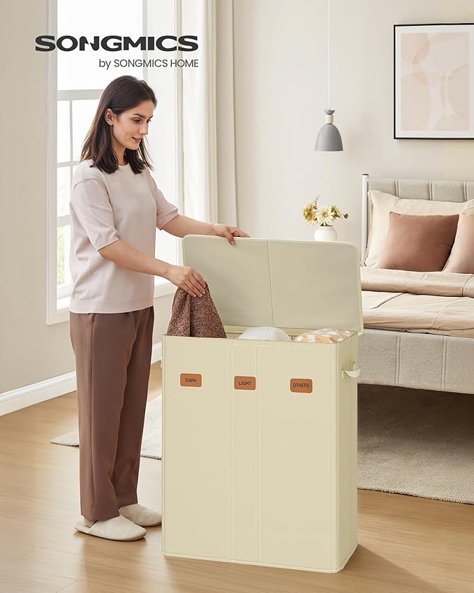 SONGMICS 47.6 Gallon (180 L) Laundry Hamper, 3-Compartment Laundry Basket Sorter with Lid, Labels, Removable Liner Bags, for Bedroom, Cream White URLH013W01
