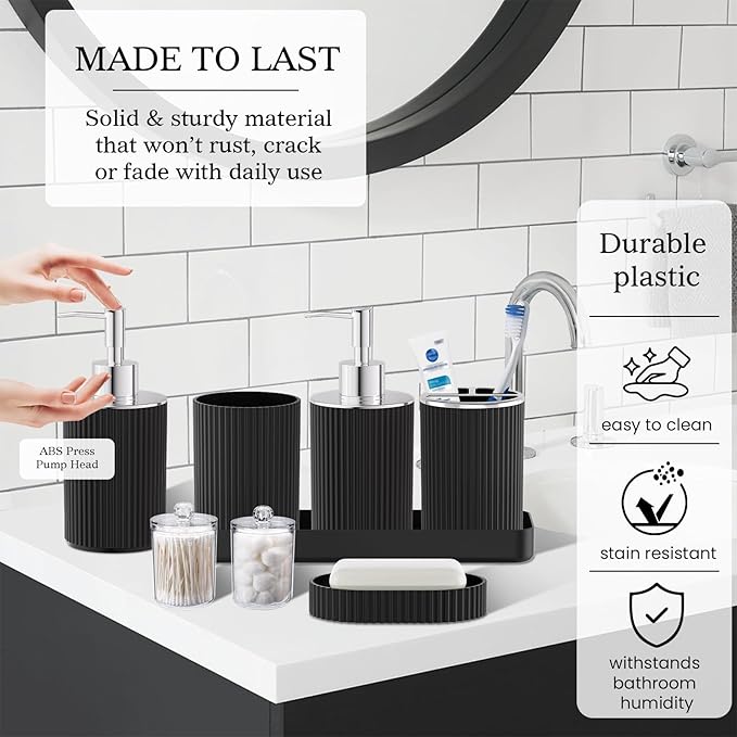 Black Bathroom Accessories Set - Bathroom Sets, 25PC Bath Accessory Set, Bathroom Sets with Push Top Trash Can, Shower Curtain and Rugs, Toilet Brush, Trash Can & Soap Dispenser