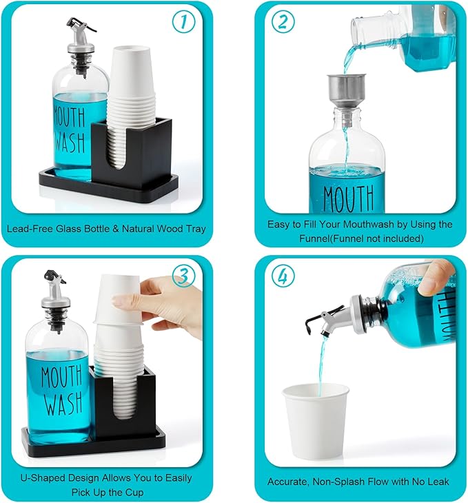 Glass Mouthwash Dispenser for Bathroom, 16 OZ Mouthwash Dispenser with Pour Spout and Wood Cup Holder and Tray, Mouth Wash Bottle Container, Black Kitchen Bathroom Decor and Accessories