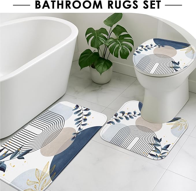 Boho Blue Mid Century Shower Curtain Set with Toilet Lid Cover and Non-Slip Rugs, Abstract Bohemian Gold Leaves Plant 4 Pcs Modern Minimalist Shower Curtain for Bathroom Set with 12 Hooks