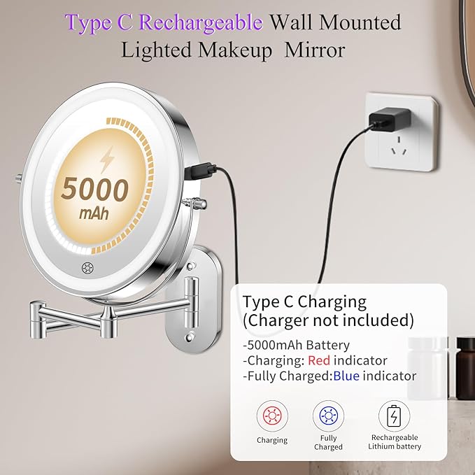 FUNTOUCH 5000mAh Rechargeable Wall Mounted Lighted Makeup Vanity Mirrors, Double Sided 1X 30X Magnifying, 3 Color Lighting, Touch Screen Dimming, Extended Arm 360 Rotation Shaving Bathroom Mirror