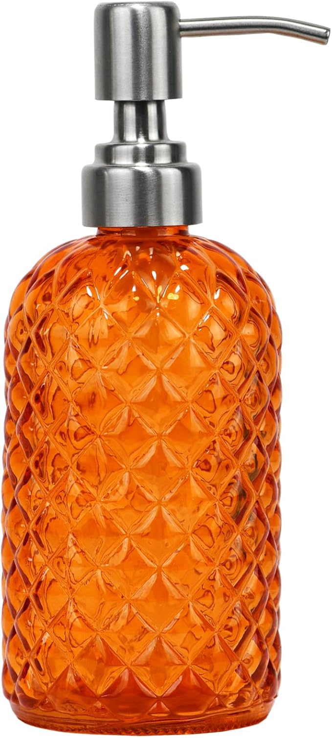 16 oz Diamond Pattern Glass Soap Dispenser, Kitchen and Bathroom Refillable Soap Dispenser with Rust Resistant Stainless Steel Pump for Hand Soap, Lotion Glass Liquid Dispenser