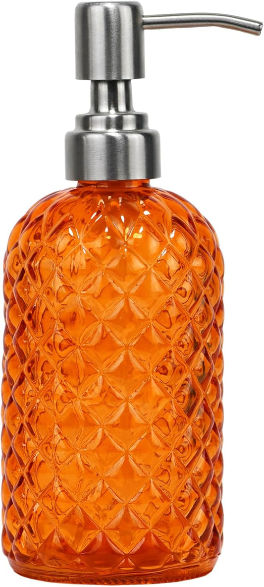 16 oz Diamond Pattern Glass Soap Dispenser, Kitchen and Bathroom Refillable Soap Dispenser with Rust Resistant Stainless Steel Pump for Hand Soap, Lotion Glass Liquid Dispenser