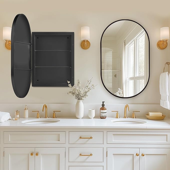 SogesHome Medicine Cabinet with Mirror, 21x34 Oval Mirror Cabinet, Wall Mount Recess Bathroom Vanity Mirror with Storage with 2 Shelves, Perfect for Bathroom, Black