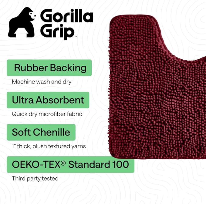 GORILLA GRIP Plush Absorbent Shaggy Chenille Bath Rug Mat for Oval Toilet Base with Rubber Backing, Machine Washable Rugs, Soft Microfiber Contour Mats for Toilets, Bathroom Decor, Burgundy