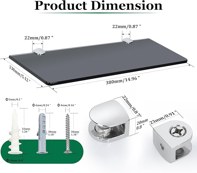 SAYAYO Floating Glass Shelves for Bathroom, 15 x 5 Inch Chrome Tempered Glass Shelf for Wall 1 Pack, Black