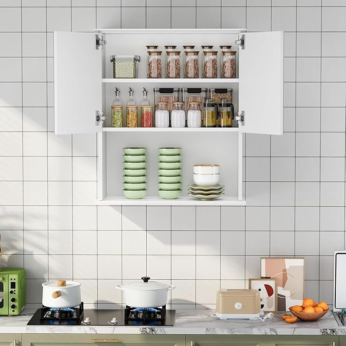 Bathroom Wall Cabinet Wooden with 2 Doors,Over the Toilet Storage Cabinet,Bathroom and Laundry Wall Mount Storage Medicine Cabinet with Open and Adjustable Shelf,Easy Assembly (Style A (1 PC), White)