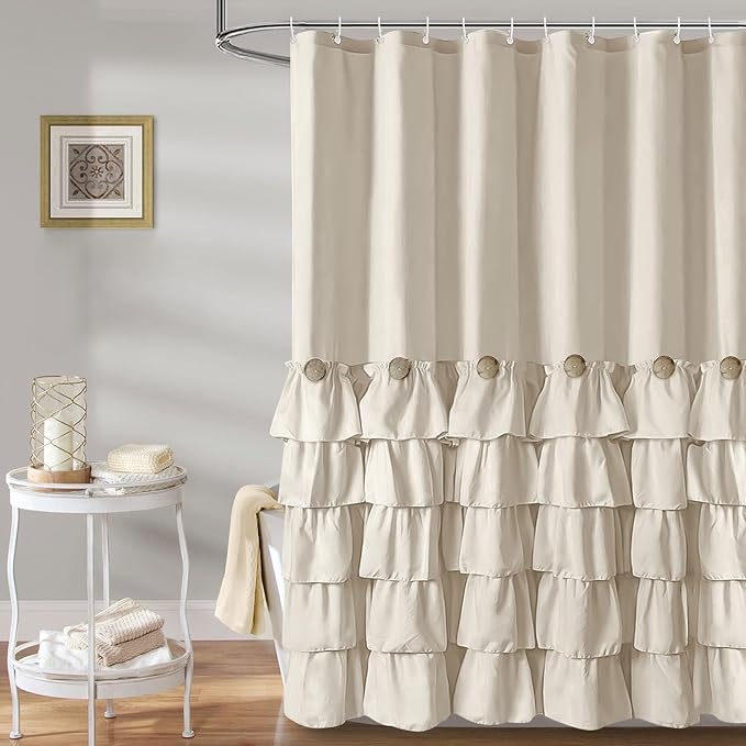 Seasonwood Beige Ruffle Shower Curtain 72x84 Inch Neutral Shower Curtain Button Design Farmhouse Country Style Rustic Decorative Fabric Shower Curtains