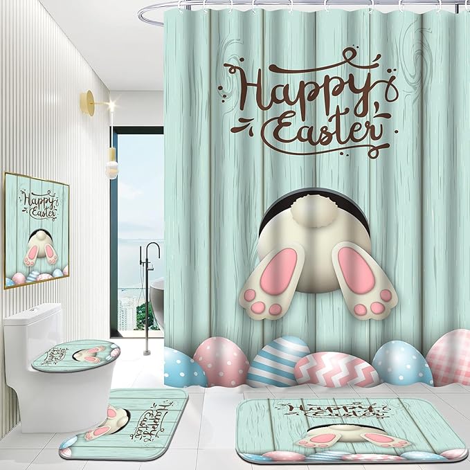 4Pcs Blue Easter Shower Curtain Sets with Rugs, Easter Peeps Shower Curtains for Bathroom Decor Set, Waterproof Easter Bunny Bathroom Curtains Shower Set,12 pcs Hooks, 71 x 71in