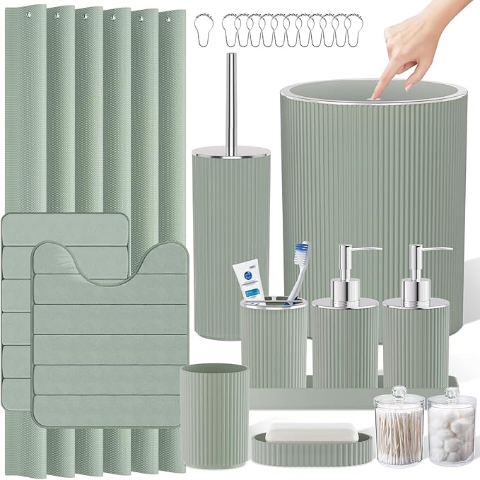 Sage Green Bathroom Accessories Set - Bathroom Sets, 25PC Bath Accessory Set, Bathroom Sets with Push Top Trash Can, Shower Curtain and Rugs, Toilet Brush, Trash Can & Soap Dispenser