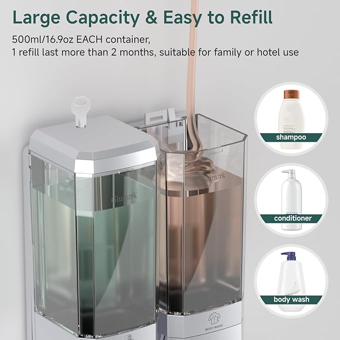 Shampoo and Conditioner Dispenser 2 Chamber No Drill Shower Soap Dispenser Wall Mounted Shampoo Conditioner Body Wash Dispenser 2 * 500ml Refillable Shower Dispenser for Bathroom Hotel, Silver