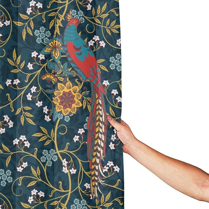 Rustic William Morris Art Print Waterproof Fabric Shower Curtain,Vintage Mid Century Boho Floral Bird Soft Hotel Quality Cloth Shower Light-Weight & Machine Washable - 72L x66W