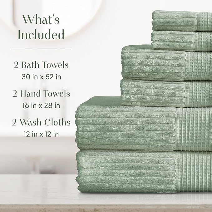 Springtree Home 100% Cotton Bath Towel Set | 6 Piece Set | Absorbent & Quick-Dry Bath Towels | Textured and Durable Cotton | Krista Collection - Eucalyptus