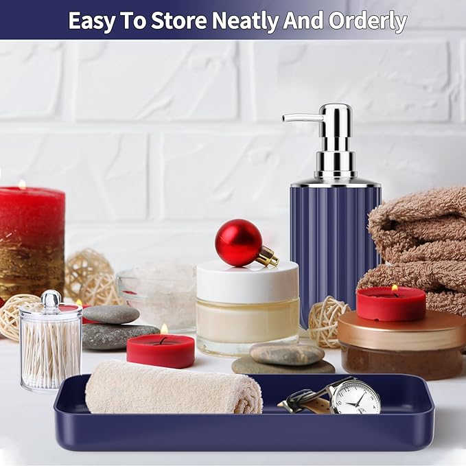 XLHOMO 9PCS Nave Blue Bathroom Accessories Set Complete with Trash Can, Vanity Tray, Soap Dispenser, Soap Dish, Toothbrush Holder, Toothbrush Cup, Toilet Brush and Qtip Holders