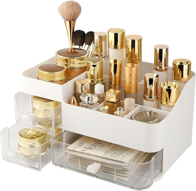 Makeup Organizer and Storage, Large Capacity Cosmetic Display Case with Drawer, Easy to Hold All of Your Makeup Products, Countertop Makeup Organizer for Skincare, Brushes, Lipstick