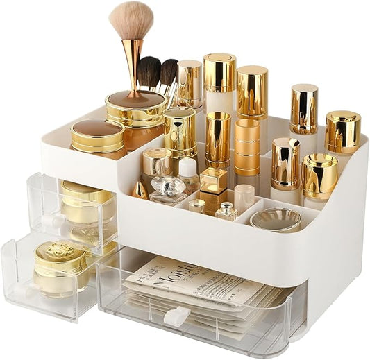Makeup Organizer and Storage, Large Capacity Cosmetic Display Case with Drawer, Easy to Hold All of Your Makeup Products, Countertop Makeup Organizer for Skincare, Brushes, Lipstick