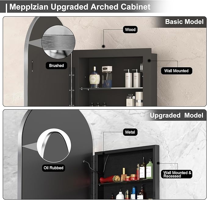 20x31 Inch Arched LED Medicine Cabinet with Mirror - Oil Rubbed Nickel Metal Frame, Lighted Arched Bathroom Mirror Cabinet, Mirror Cabinet with Storage for Bathroom,Dimmable,Defogger