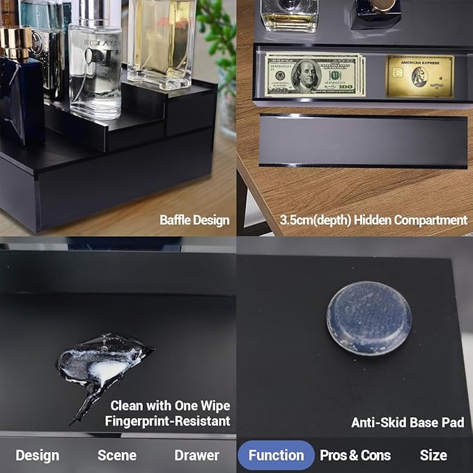 GOH&FTY Cologne Organizer for Men, 3-Tier Perfume Display Stand with Hidden Compartment, Waterproof 5MM Matte Black Acrylic, Smooth Drawers Holds 13+ Bottles, Luxury Dresser/Bedroom Decor Gift