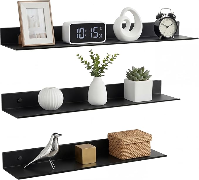 Z metnal Bathroom Shelf, Small Floating Wall Shelves, Decorative Ledge Shelf, Aluminum, Wall Mounted, Matt Black, 20/16/12 inch, 3 Set