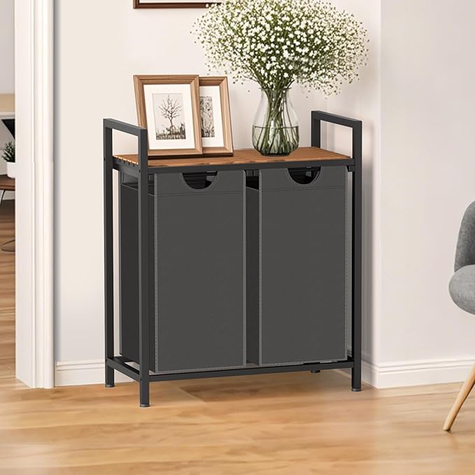 Sonharlar Laundry Hamper, Laundry Sorter with 2 Pull-Out Removable Oxford Fabric Bags Cloth Laundry Basket 2 x 10 Gallons (Grey and Rustic Brown)
