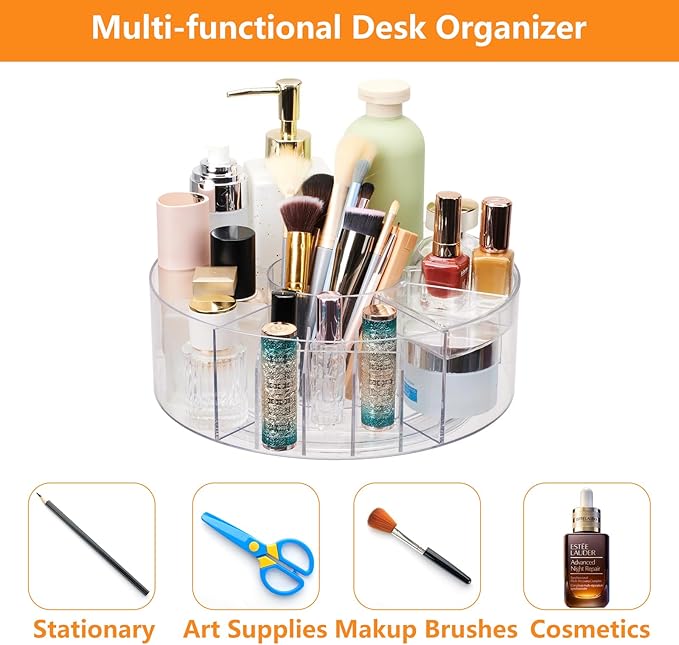 360 Rotating Makeup Organizer for Vanity, 10” Desk Acrylic Spinning Cosmetic Skincare Organizer Countertop, Large Clear Lazy Susan Round Organizer for Lotion, Lipsticks, Perfume, Brushes