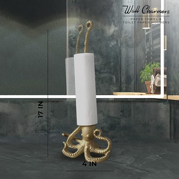 WallCharmers Gold Paper Towel Holder, Metal Toilet or Kitchen Paper Holder for Floor or Countertop, Gold Octopus