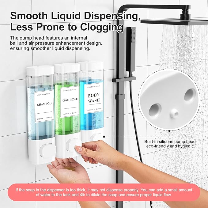 Shampoo and Conditioner Dispenser – Wall-Mounted Shower Soap Dispenser, No-Drill Installation, Lockable, 900 ml Capacity,for Bathroom & Hotel or Airbnb (White, 3-Pack)