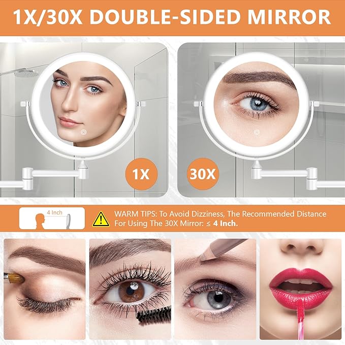 Auxmir 1X/30X Wall Mounted Makeup Mirror with Light, 8" Rechargeable Double-Sided Magnifying Mirror, Vanity Mirror Dimmable 3 Color Light, 360° Extension Rotation Foldable 14.5 Inch Arm, White