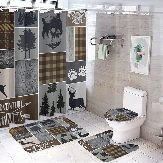 Rustic Plaid Bear Cabin Shower Curtain Sets with Rugs 4 Piece Accessories Bathroom Curtains Shower Set Include Shower Curtain Non-Slip Rug Toilet Lid Cover Bath Mat One Size