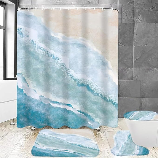 Yizheer 4Pcs Beach Coastal Shower Curtain Sets, Teal Blue Coastal Ocean Beach Theme Bathroom Curtain with Rugs, Toilet Lid Cover and Bath Mat