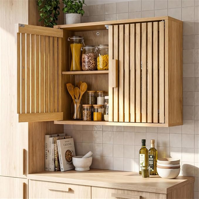 Bathroom Wall Storage Cabinet with Slatted Doors, Natural Engineered Wood, 24x8x20 Inch, Adjustable 3-Level Shelf, Magnetic Catches