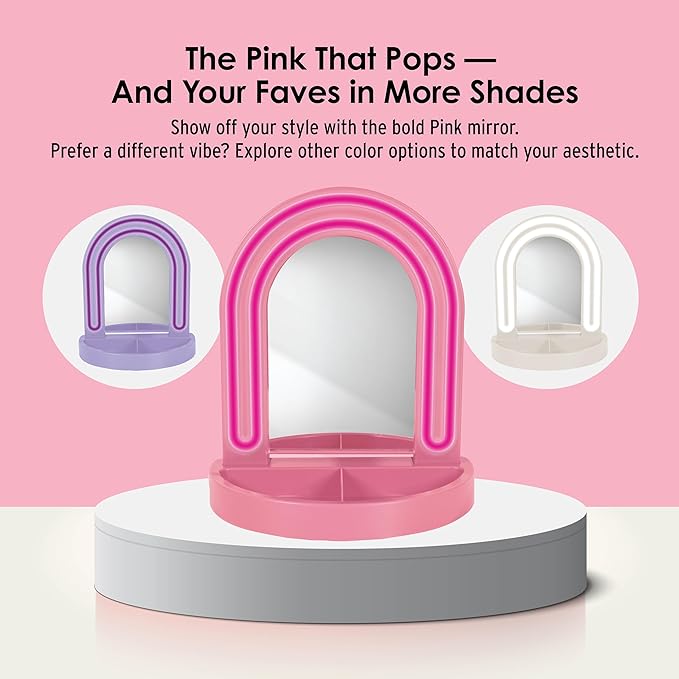 LED Vanity Mirror with Tray, for Desk, Dressing Table, Light Up Mirror for Makeup, Dorm Desk Vanity Mirror with Lights, Pink