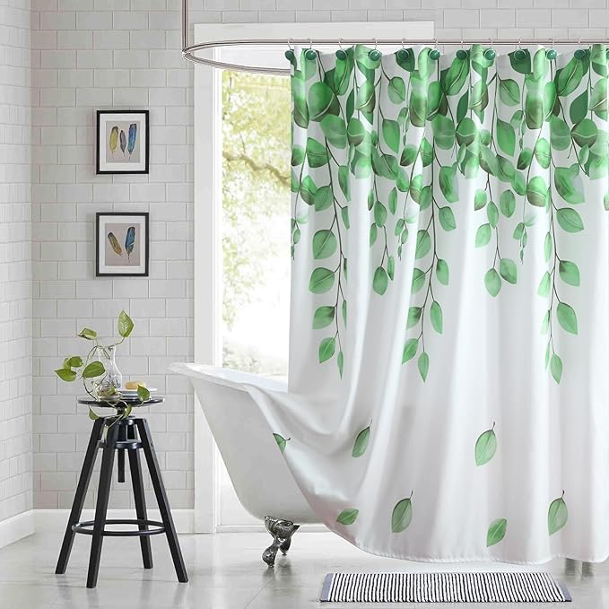 90 Inch Fabric Shower Curtain, Green Watercolor Eucalyptus Leaves Shower Curtain for Bathroom, 72" W x 90" H