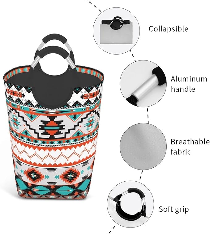 Ethnic Aztec Print Laundry Basket Southwest Laundry Hamper Orange Collapsible Baskets with Handle Dirty Clothes Hamper Bag for Dorm Family Bathroom Decor Storage 50L