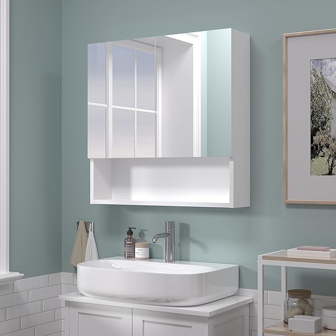 Bathroom Cabinet with Mirror, Wall Cabinet with 2 Mirrored Doors, Adjustable Shelf, Open Compartment, Wall-Mounted, 24x24 Inches, White (Assembly Required)