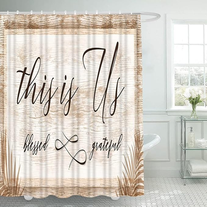 4 Piece Thankful Grateful Blessed Shower Curtain Waterproof Family Love Faith Quote Rustic Vintage Brown Wood Bathroom Sets with Non-Slip Rugs, Toilet Lid Cover and Bath Mat with Standard Size