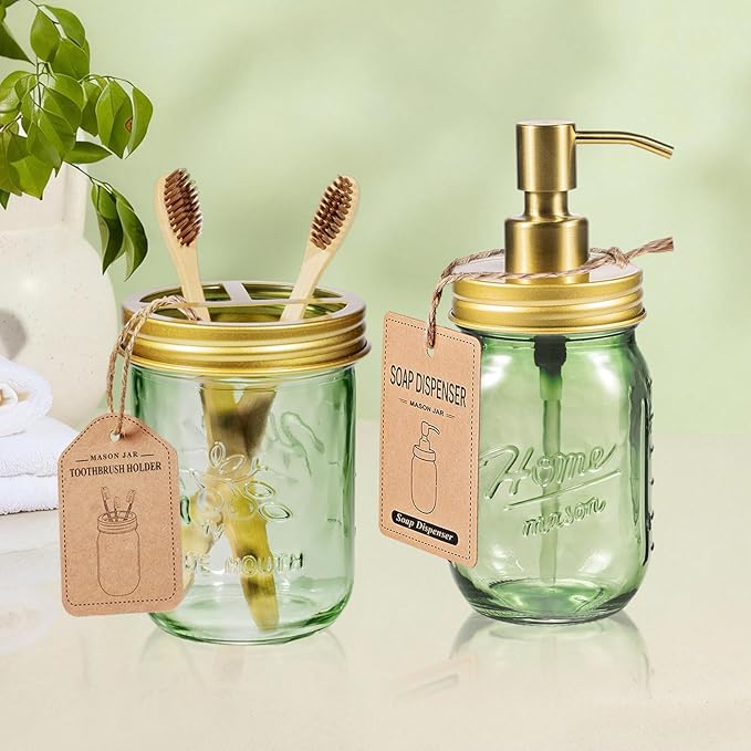 Amolliar Green Bathroom Accessories Set, 4Pcs Mason Jar Glass Bathroom Set, Lotion Soap Dispenser, Toothbrush Holder, 2 Qtip Holders, Rustic Farmhouse Bathroom Decor, Countertop Vanity Organizer, Gold