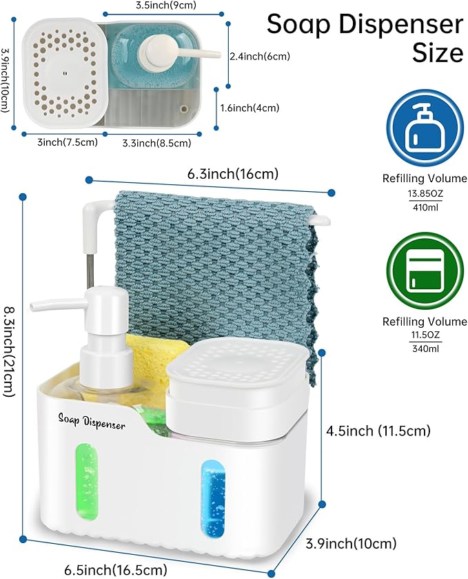 Hand Soap and Dish Soap Dispenser Set for Kitchen, Dual Soap Dispenser with Sponge Holder and Dishcloth Holder 4-in-1 Organizer for Kitchen Sink Countertop, Useful Kitchen Gadgets (White)