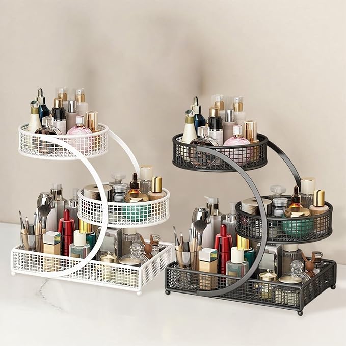3-Tier Metal Cosmetic Organizer,Cosmetic Storage Rack for Vanity Tables,Multipurpose Metal Bathroom Organizers and Storage, Home and Office use Countertop Organizer (Round-Gold)