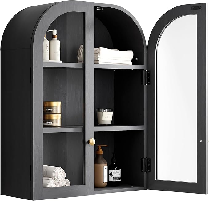 Fatmok Arched Bathroom Wall Cabinet Over The Toilet Storage Cabinet, 23.6"x31.5" Wood Medicine Cabinet Wall Mounted with Glass Doors & Adjustable Shelf, Floating Wall Cabinet for Bathroom(Black)