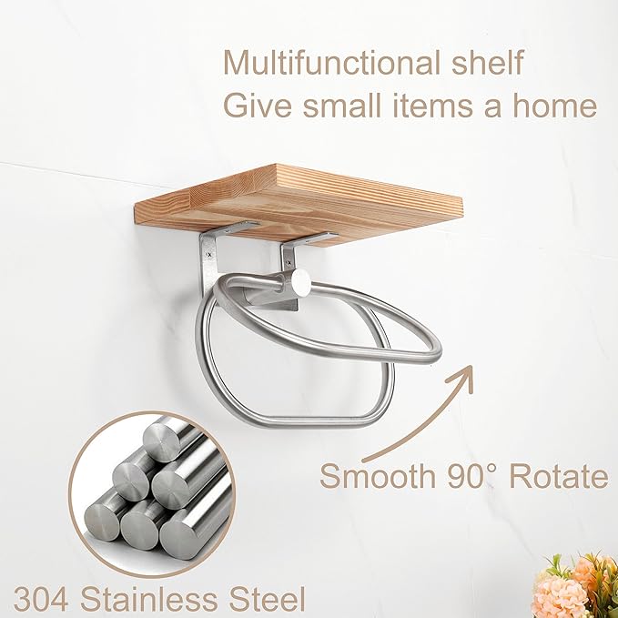 TocTen Hand Towel Holder for Bathroom Wall Mount Towel Ring with Wooden Shelf, Premium Metal Hand Towel Rack, Bathroom Accessories Rustic Hand Towel Hanger for Bathroom Kitchen RV(Brushed Nickel)