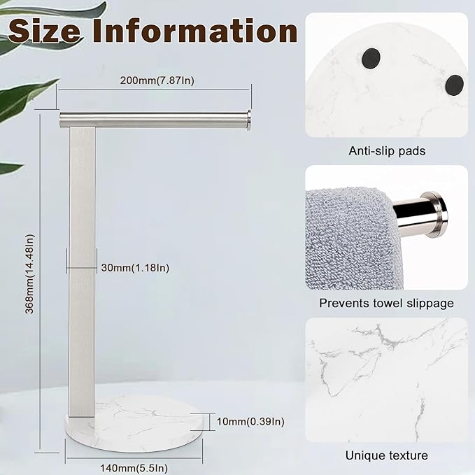 Hand Towel Holder Stand for Bathroom, L- Shaped Standing Hand Towel Rack, Towel Bar Kitchen Vanity Countertop Organizer, SUS304 Stainless Steel Material (Marble Base, Brushed Nickel)