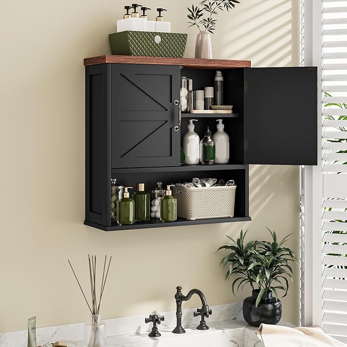 Smuxee Farmhouse Bathroom Cabinet Wall Mounted, Black Medicine Cabinet with Adjustable Shelf, Bathroom Cabinet for Living Room, Laundry Room